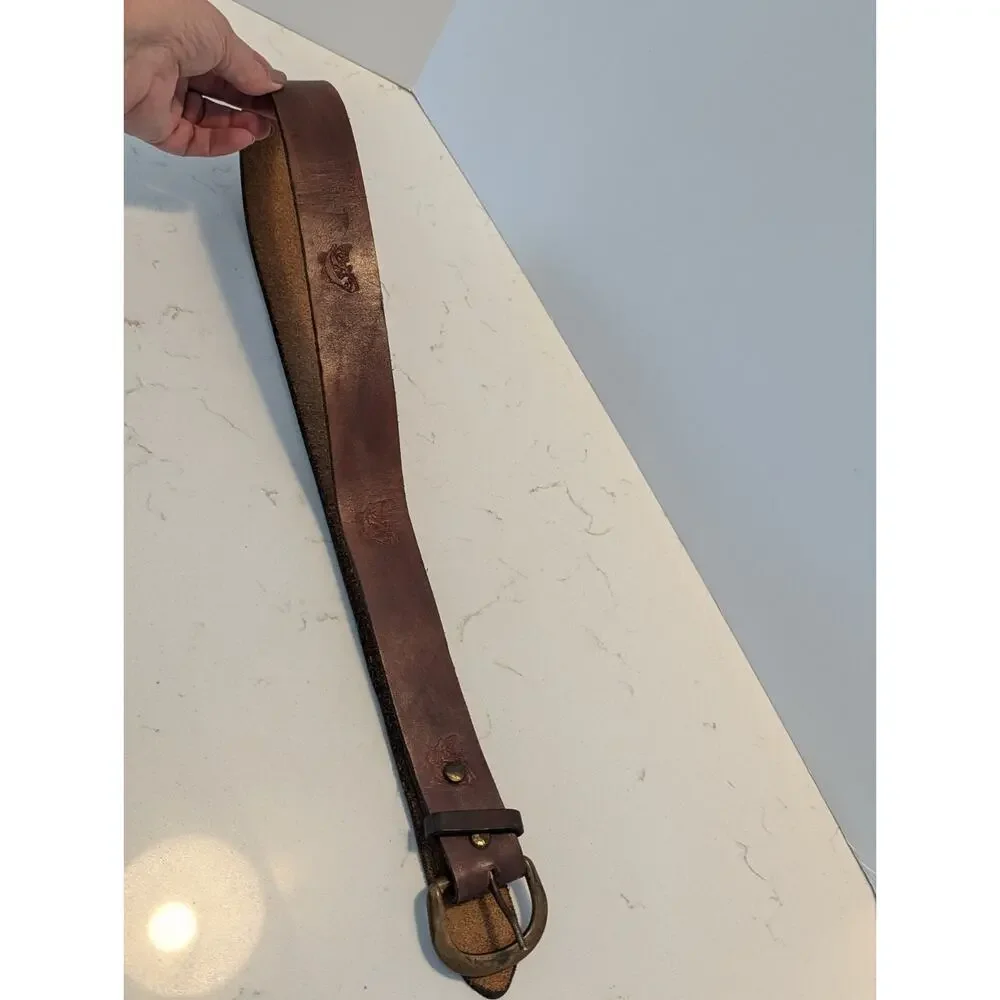 Men's Brown Leather Belt 36 Solid Brass Buckle Fish Embossed